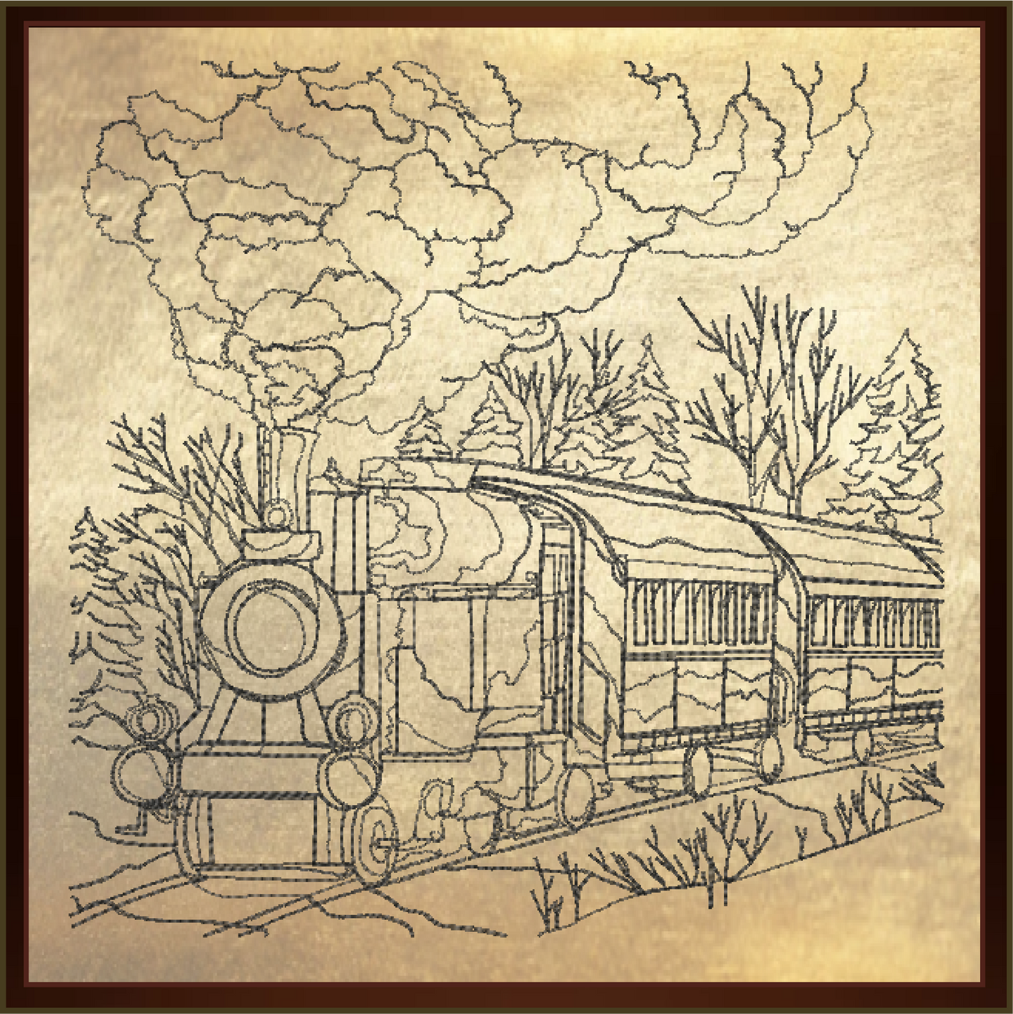 Train Scene Sketch Machine Embroidery Design – Vintage Locomotive Railroad Pattern, 6 Sizes (0554)
