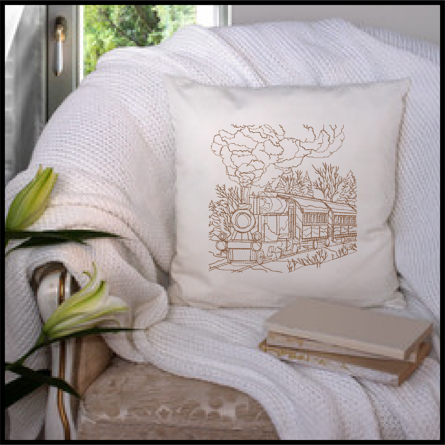 Train Scene Sketch Machine Embroidery Design – Vintage Locomotive Railroad Pattern, 6 Sizes (0554)