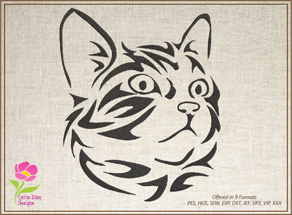 Cat Machine Embroidery Design Bundle – Tribal Cat Face Tattoo Style – 3 Designs, 10 Sizes Each (0295)