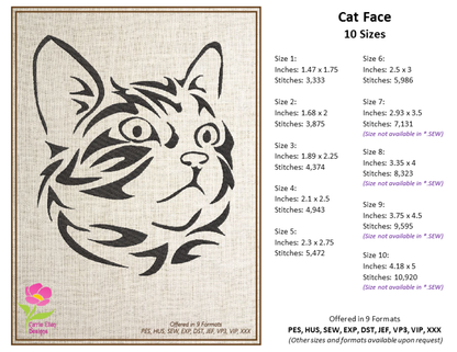 Cat Machine Embroidery Design Bundle – Tribal Cat Face Tattoo Style – 3 Designs, 10 Sizes Each (0295)
