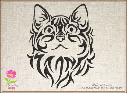 Cat Machine Embroidery Design Bundle – Tribal Cat Face Tattoo Style – 3 Designs, 10 Sizes Each (0295)