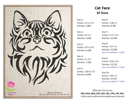 Cat Machine Embroidery Design Bundle – Tribal Cat Face Tattoo Style – 3 Designs, 10 Sizes Each (0295)