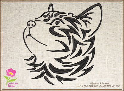 Cat Machine Embroidery Design Bundle – Tribal Cat Face Tattoo Style – 3 Designs, 10 Sizes Each (0295)