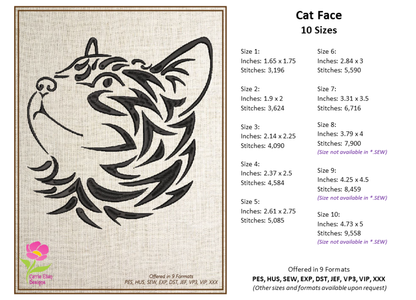 Cat Machine Embroidery Design Bundle – Tribal Cat Face Tattoo Style – 3 Designs, 10 Sizes Each (0295)