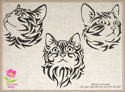 Cat Machine Embroidery Design Bundle – Tribal Cat Face Tattoo Style – 3 Designs, 10 Sizes Each (0295)