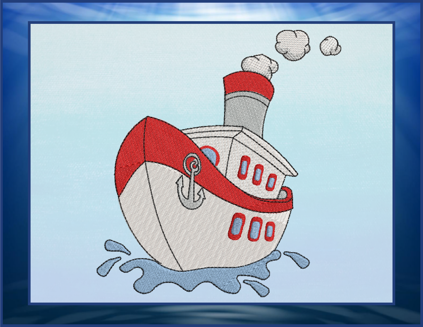 Tugboat Machine Embroidery Design – 8 Sizes | Colorful Cartoon Tugboat, Kids Toy Boat Stitch Pattern (0118)