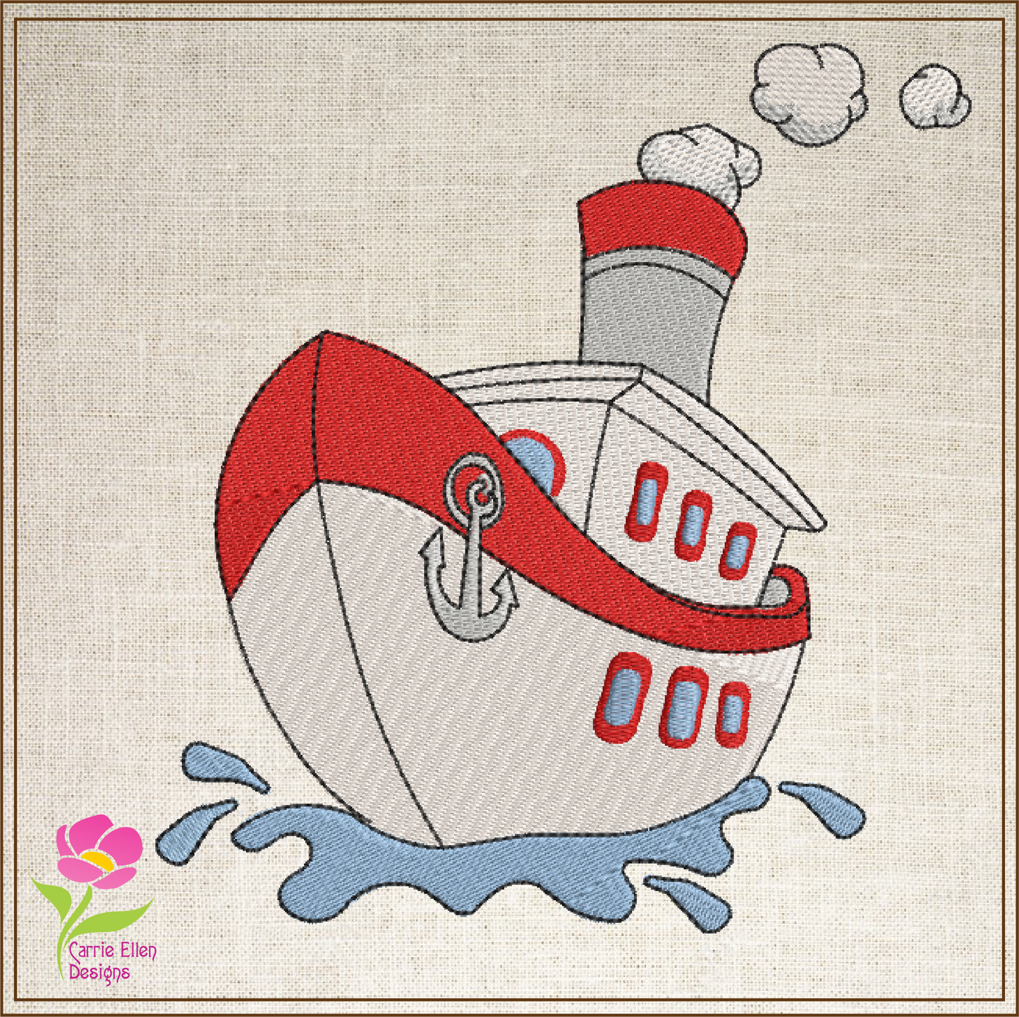Tugboat Machine Embroidery Design – 8 Sizes | Colorful Cartoon Tugboat, Kids Toy Boat Stitch Pattern (0118)