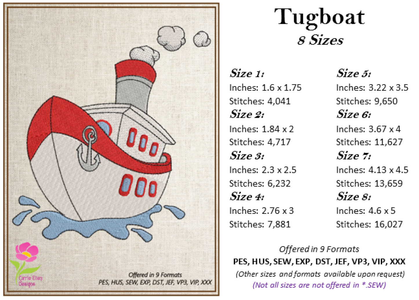 Tugboat Machine Embroidery Design – 8 Sizes | Colorful Cartoon Tugboat, Kids Toy Boat Stitch Pattern (0118)