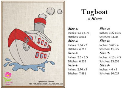 Tugboat Machine Embroidery Design | Colorful Cartoon Tugboat, 8 Sizes (0118)
