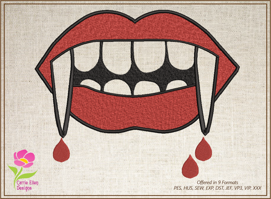 Bloody Vampire Fangs Embroidery Design – Vampire Teeth & Mouth Halloween Pattern – 10 Sizes (3308)