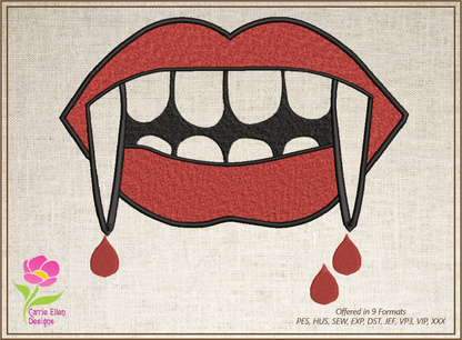 Bloody Vampire Fangs Embroidery Design – Vampire Teeth & Mouth Halloween Pattern – 10 Sizes (3308)