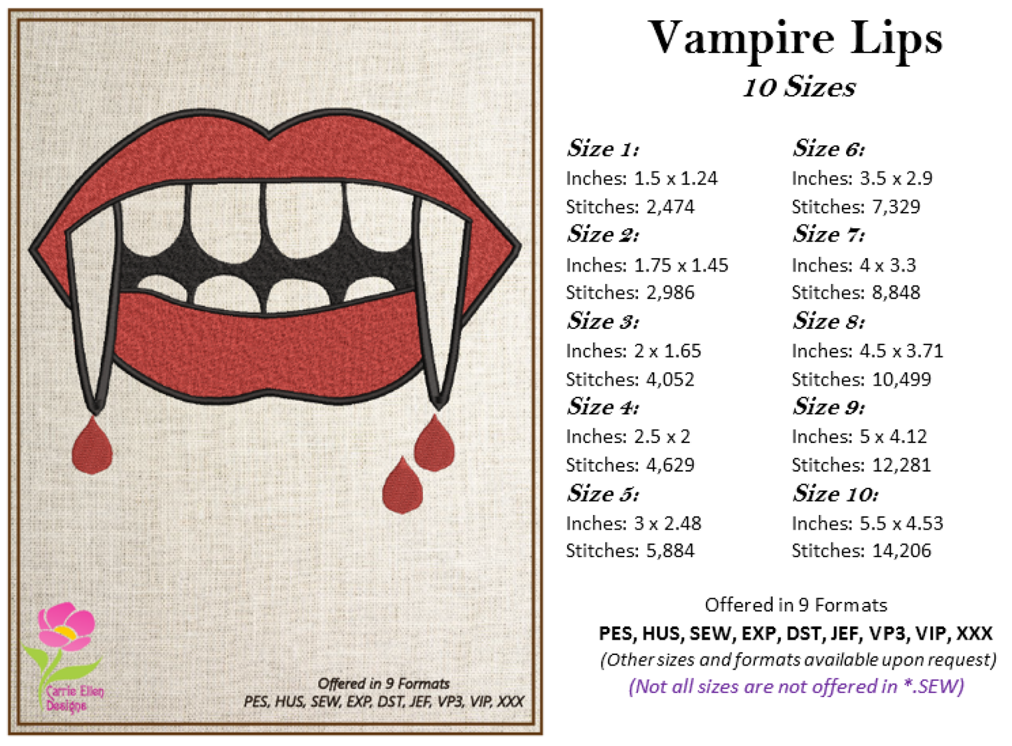Bloody Vampire Fangs Embroidery Design – Vampire Teeth & Mouth Halloween Pattern – 10 Sizes (3308)