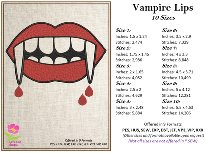 Bloody Vampire Fangs Embroidery Design – Vampire Teeth & Mouth Halloween Pattern – 10 Sizes (3308)