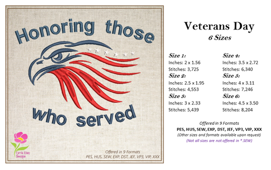 Veteran's Memorial Day Machine Embroidery Design, Honoring Those Who Served Embroidery Design, American Patriotic Eagle, 6 Sizes (0257)