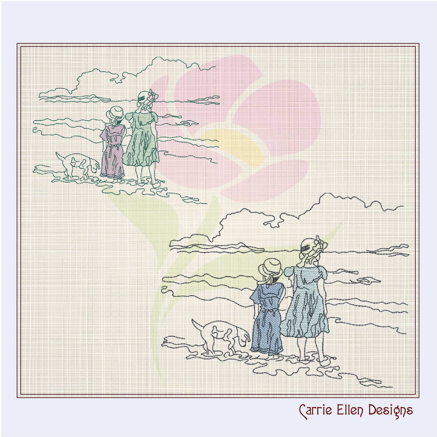 Vintage Beach Day Machine Embroidery Design | Classic Beach Scene with Girls and Dog | Sand and Waves Sketch Design | 8 Sizes (0860)