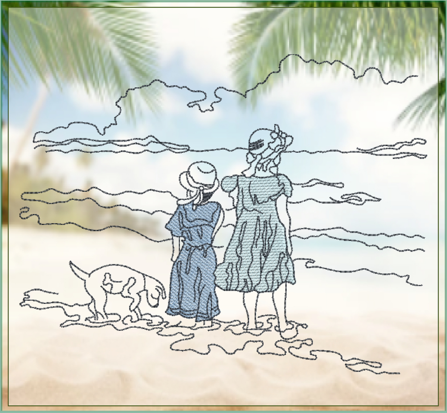 Vintage Beach Day Machine Embroidery Design | Classic Beach Scene with Girls and Dog | Sand and Waves Sketch Design | 8 Sizes (0860)
