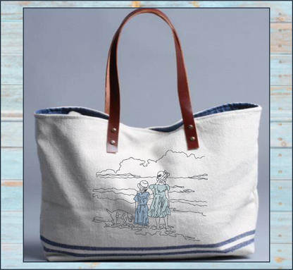 Vintage Beach Day Machine Embroidery Design | Classic Beach Scene with Girls and Dog | Sand and Waves Sketch Design | 8 Sizes (0860)