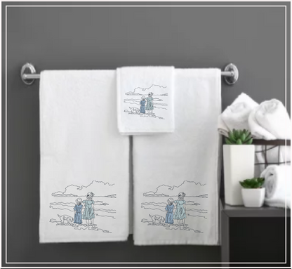 Vintage Beach Day Machine Embroidery Design | Classic Beach Scene with Girls and Dog | Sand and Waves Sketch Design | 8 Sizes (0860)