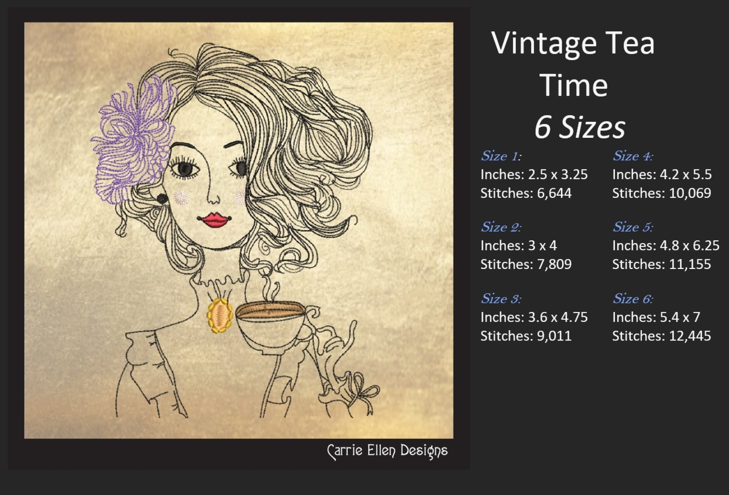 Vintage Victorian Lady Drinking Tea – Machine Embroidery Design – Tea Party Guest Line Art Sketch – 6 Sizes (1461)