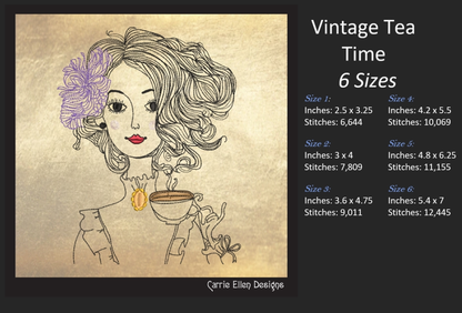 Vintage Victorian Lady Drinking Tea – Machine Embroidery Design – Tea Party Guest Line Art Sketch – 6 Sizes (1461)
