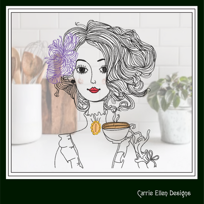 Vintage Victorian Lady Drinking Tea – Machine Embroidery Design – Tea Party Guest Line Art Sketch – 6 Sizes (1461)
