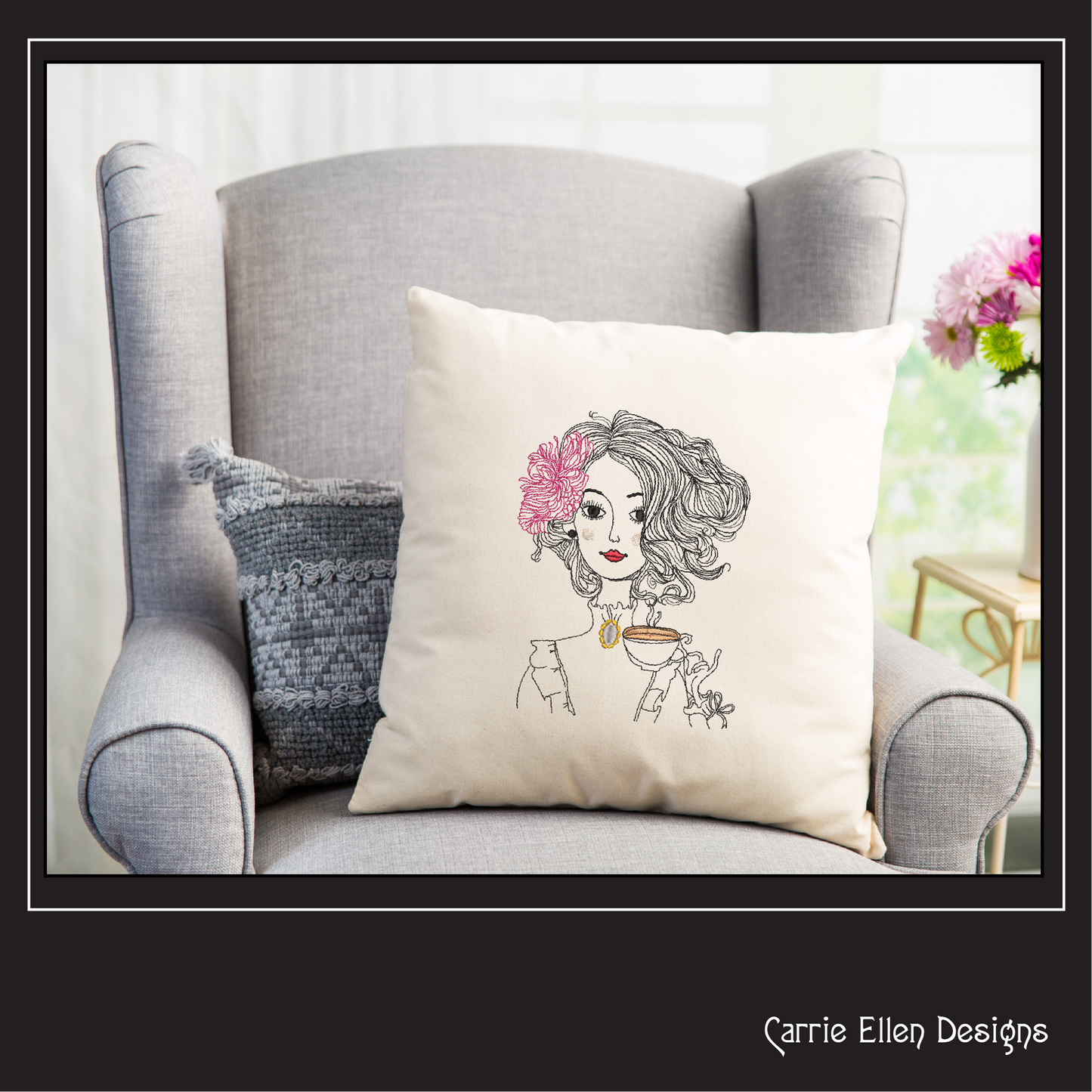 Vintage Victorian Lady Drinking Tea – Machine Embroidery Design – Tea Party Guest Line Art Sketch – 6 Sizes (1461)