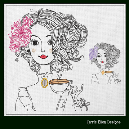 Vintage Victorian Lady Drinking Tea – Machine Embroidery Design – Tea Party Guest Line Art Sketch – 6 Sizes (1461)