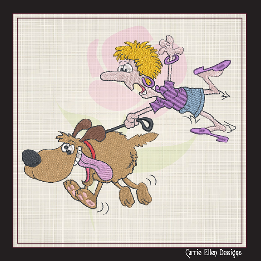 Lady Being Pulled By Her Dog Machine Embroidery Design – Funny Dog Lover Cartoon, 6 Sizes (1062)