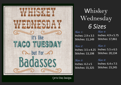 Whiskey Wednesday Taco Tuesday Machine Embroidery Design | Food and Drink Quote Pattern, 6 Sizes (1724)