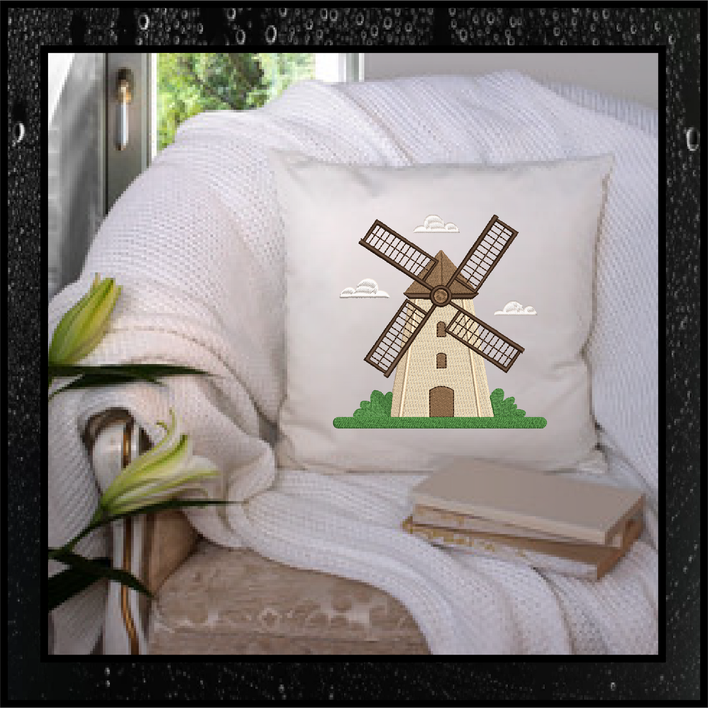 Windmill Machine Embroidery Design - Farm & Dutch Windmill - Landscape Building Embroidery File, 8 Sizes (0643)