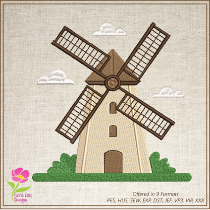 Windmill Machine Embroidery Design - Farm & Dutch Windmill - Landscape Building Embroidery File, 8 Sizes (0643)