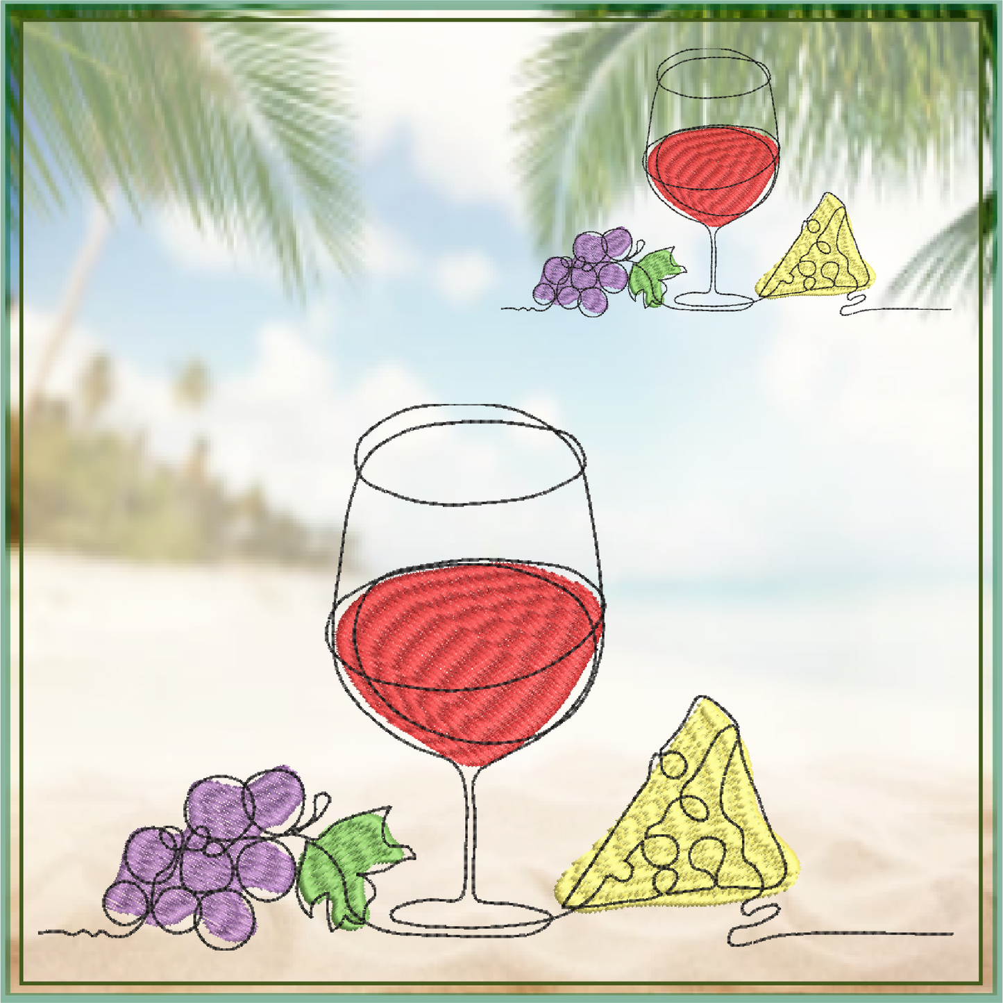 Wine and Cheese Machine Embroidery Design – Line Art Wine Glass with Grapes and Cheese – Wine Tote, Kitchen, Bar Décor – 10 Sizes (0183)