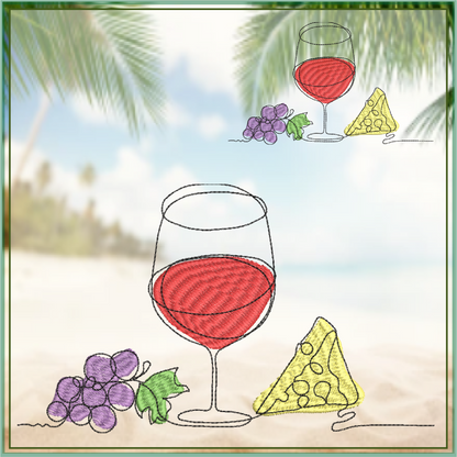 Wine and Cheese Machine Embroidery Design – Line Art Wine Glass with Grapes and Cheese – Wine Tote, Kitchen, Bar Décor – 10 Sizes (0183)