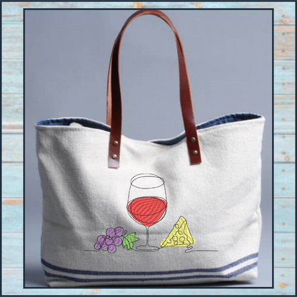 Wine and Cheese Machine Embroidery Design – Line Art Wine Glass with Grapes and Cheese – Wine Tote, Kitchen, Bar Décor – 10 Sizes (0183)