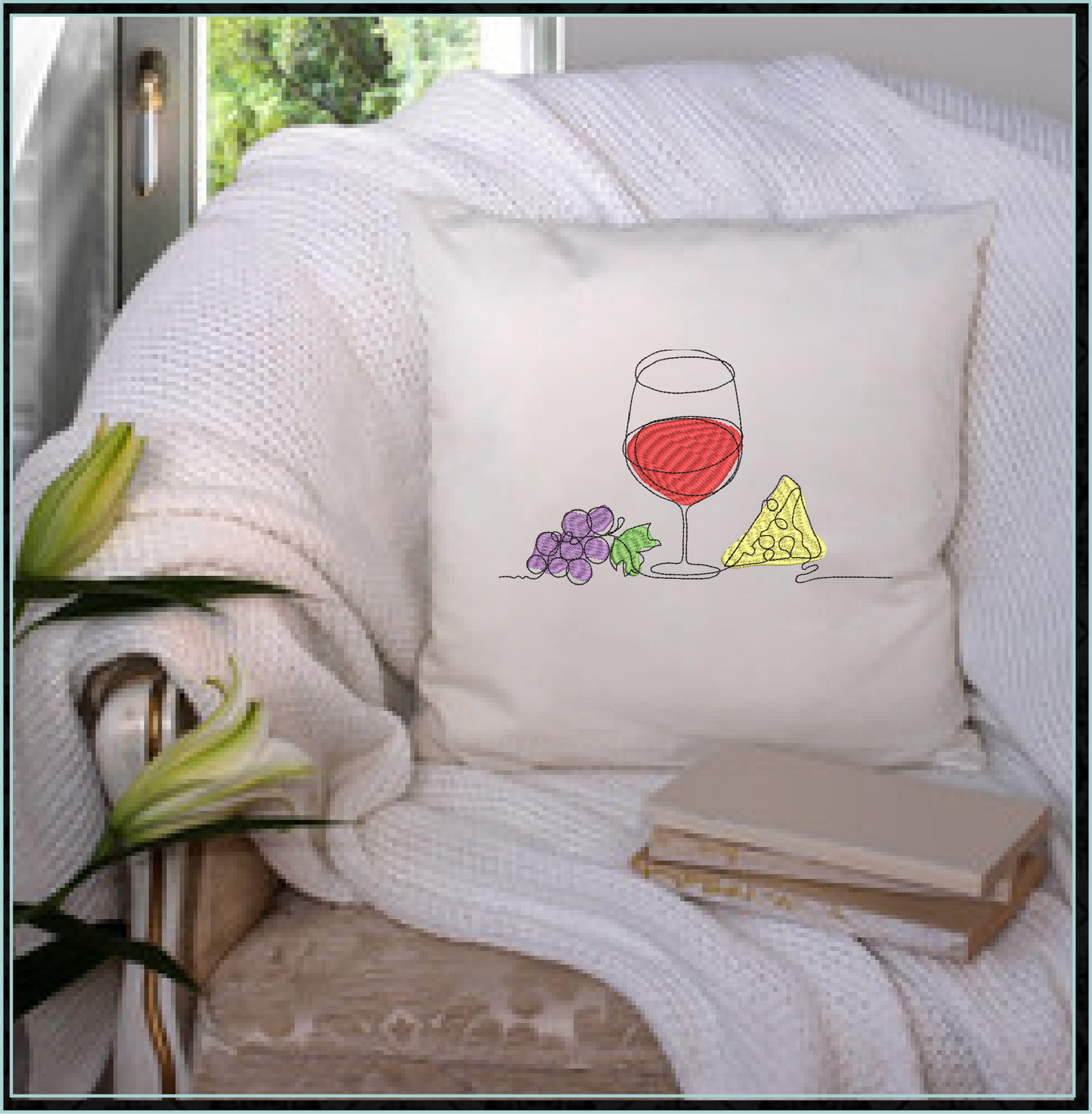 Wine and Cheese Machine Embroidery Design – Line Art Wine Glass with Grapes and Cheese – Wine Tote, Kitchen, Bar Décor – 10 Sizes (0183)