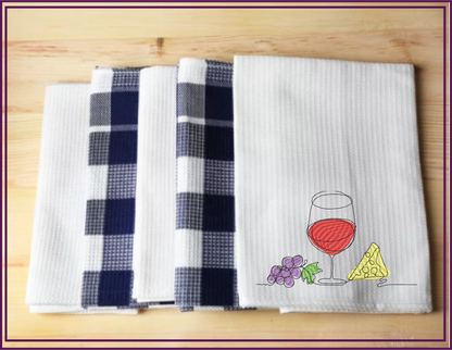 Wine and Cheese Machine Embroidery Design – Line Art Wine Glass with Grapes and Cheese – Wine Tote, Kitchen, Bar Décor – 10 Sizes (0183)