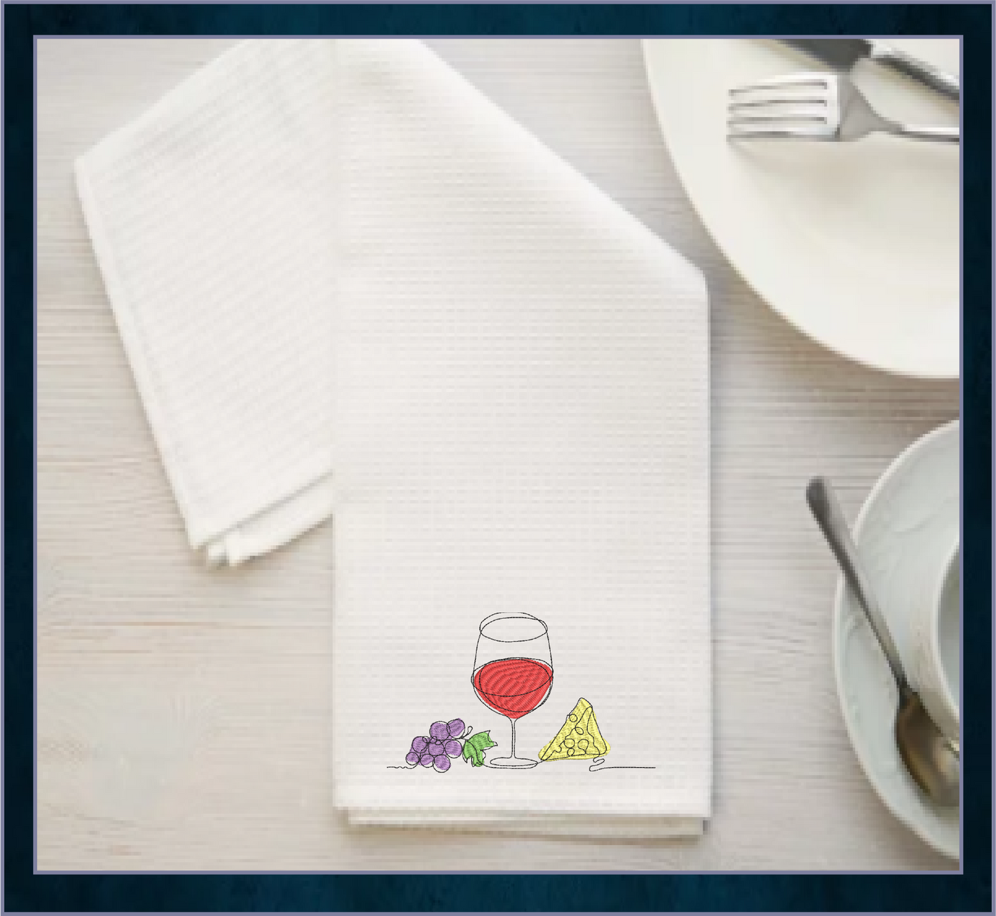 Wine and Cheese Machine Embroidery Design – Line Art Wine Glass with Grapes and Cheese – Wine Tote, Kitchen, Bar Décor – 10 Sizes (0183)