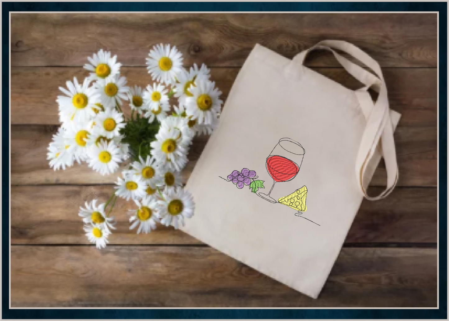 Wine and Cheese Machine Embroidery Design – Line Art Wine Glass with Grapes and Cheese – Wine Tote, Kitchen, Bar Décor – 10 Sizes (0183)