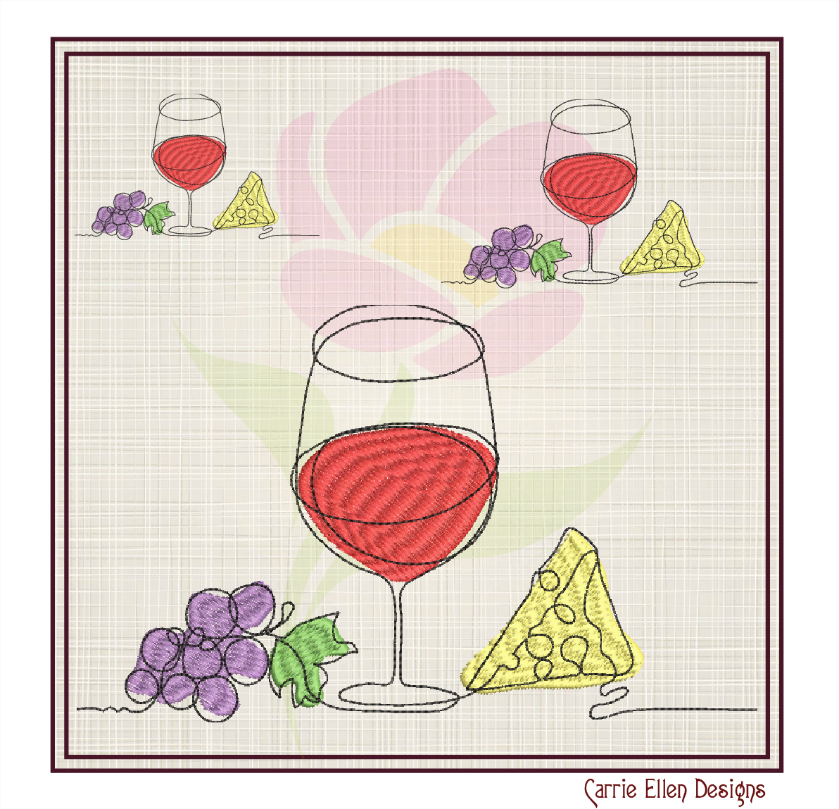 Wine and Cheese Machine Embroidery Design – Line Art Wine Glass with Grapes and Cheese – Wine Tote, Kitchen, Bar Décor – 10 Sizes (0183)