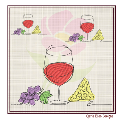 Wine and Cheese Machine Embroidery Design – Line Art Wine Glass with Grapes and Cheese – Wine Tote, Kitchen, Bar Décor – 10 Sizes (0183)