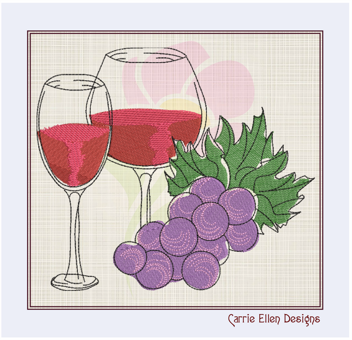 Wine and Grapes Machine Embroidery Design – Wine Glass & Grape Vine Pattern – Elegant Kitchen, Bar, and Gift Embroidery – 10 Sizes (0184)