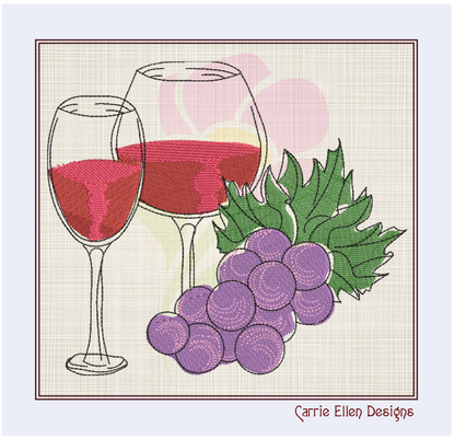 Wine and Grapes Machine Embroidery Design – Wine Glass & Grape Vine Pattern – Elegant Kitchen, Bar, and Gift Embroidery – 10 Sizes (0184)
