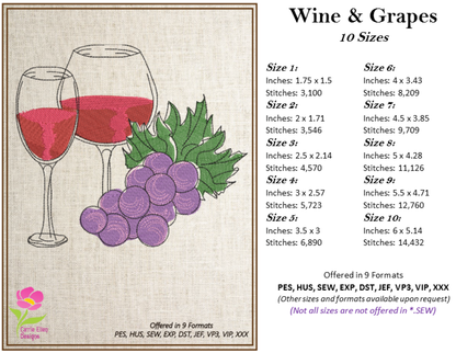Wine and Grapes Machine Embroidery Design – Wine Glass & Grape Vine Pattern – Elegant Kitchen, Bar, and Gift Embroidery – 10 Sizes (0184)