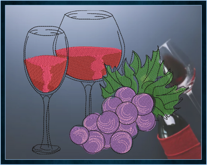 Wine and Grapes Machine Embroidery Design – Wine Glass & Grape Vine Pattern – Elegant Kitchen, Bar, and Gift Embroidery – 10 Sizes (0184)