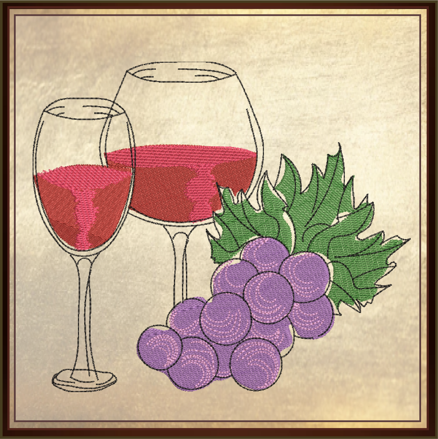 Wine and Grapes Machine Embroidery Design – Wine Glass & Grape Vine Pattern – Elegant Kitchen, Bar, and Gift Embroidery – 10 Sizes (0184)