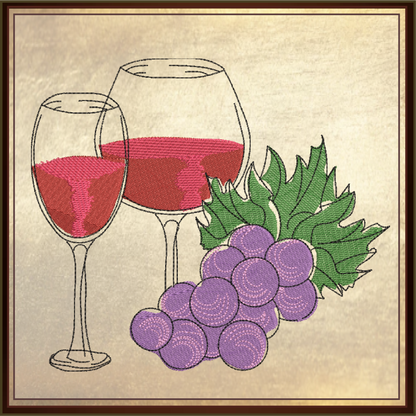 Wine and Grapes Machine Embroidery Design – Wine Glass & Grape Vine Pattern – Elegant Kitchen, Bar, and Gift Embroidery – 10 Sizes (0184)
