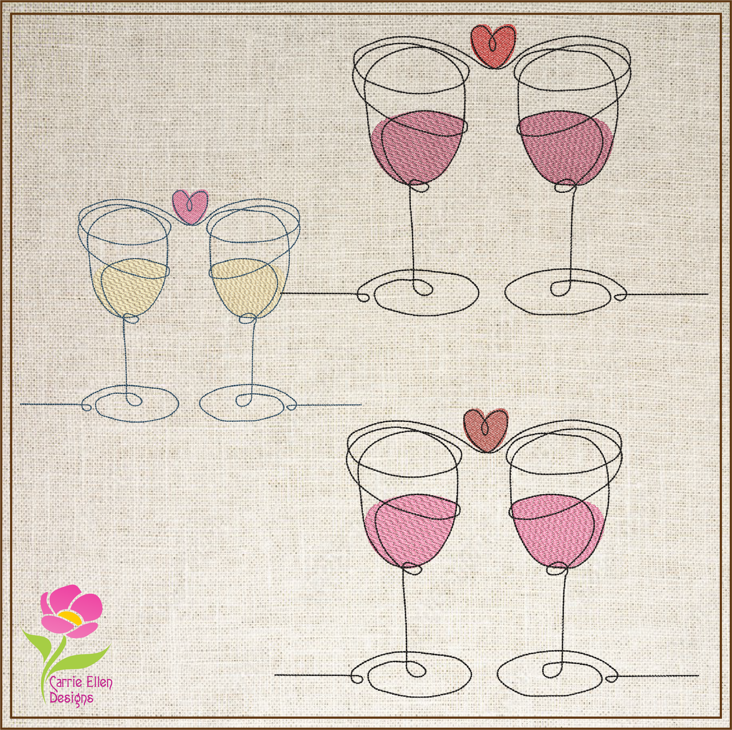 Wine Toast Machine Embroidery Design – Valentine’s Day Celebration, Wine Glass Love Embroidery, Romantic Toast Pattern, 4 Sizes (0452)