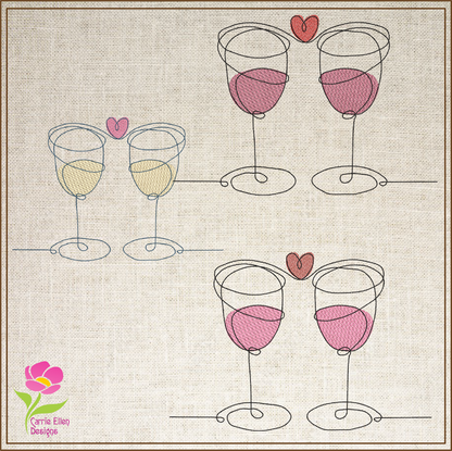 Wine Toast Machine Embroidery Design – Valentine’s Day Celebration, Wine Glass Love Embroidery, Romantic Toast Pattern, 4 Sizes (0452)