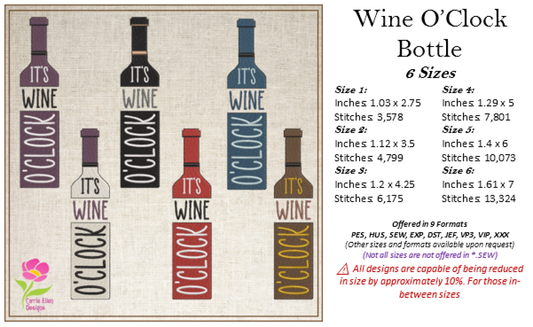 Wine O’Clock Machine Embroidery Design – Red Wine Bottle & Fun Alcohol Quote Pattern, 6 Sizes (0615)