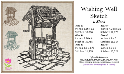 Wishing Well Sketch Machine Embroidery Design | Artistic Landscape Line Art | 6 Sizes (0691)